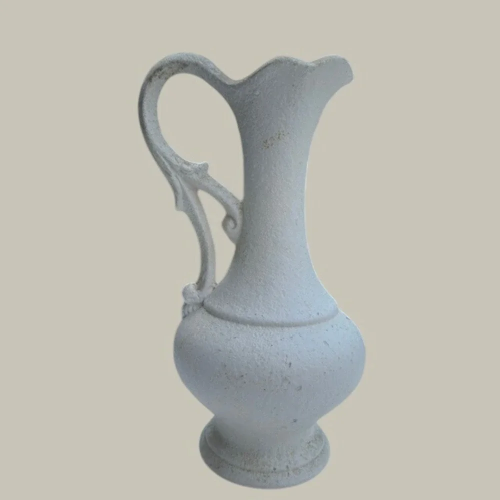 Vintage Unbranded White Textured Pitcher Vase Scalloped Rococo Ewer 12in Cottage